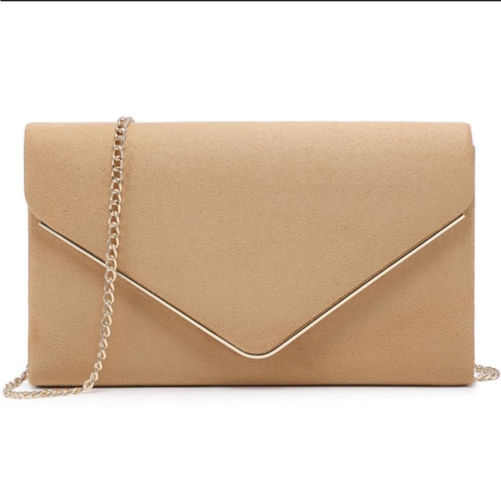 Cream suede clutch bag with gold chain strap and gold detailing